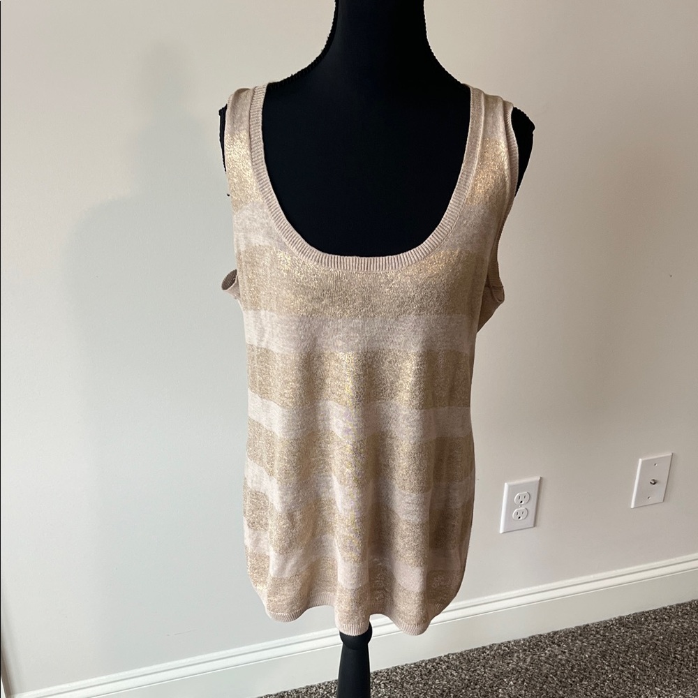 Tory Burch Tan/Metallic Gold Linen Blend Sleeveless Top Size M